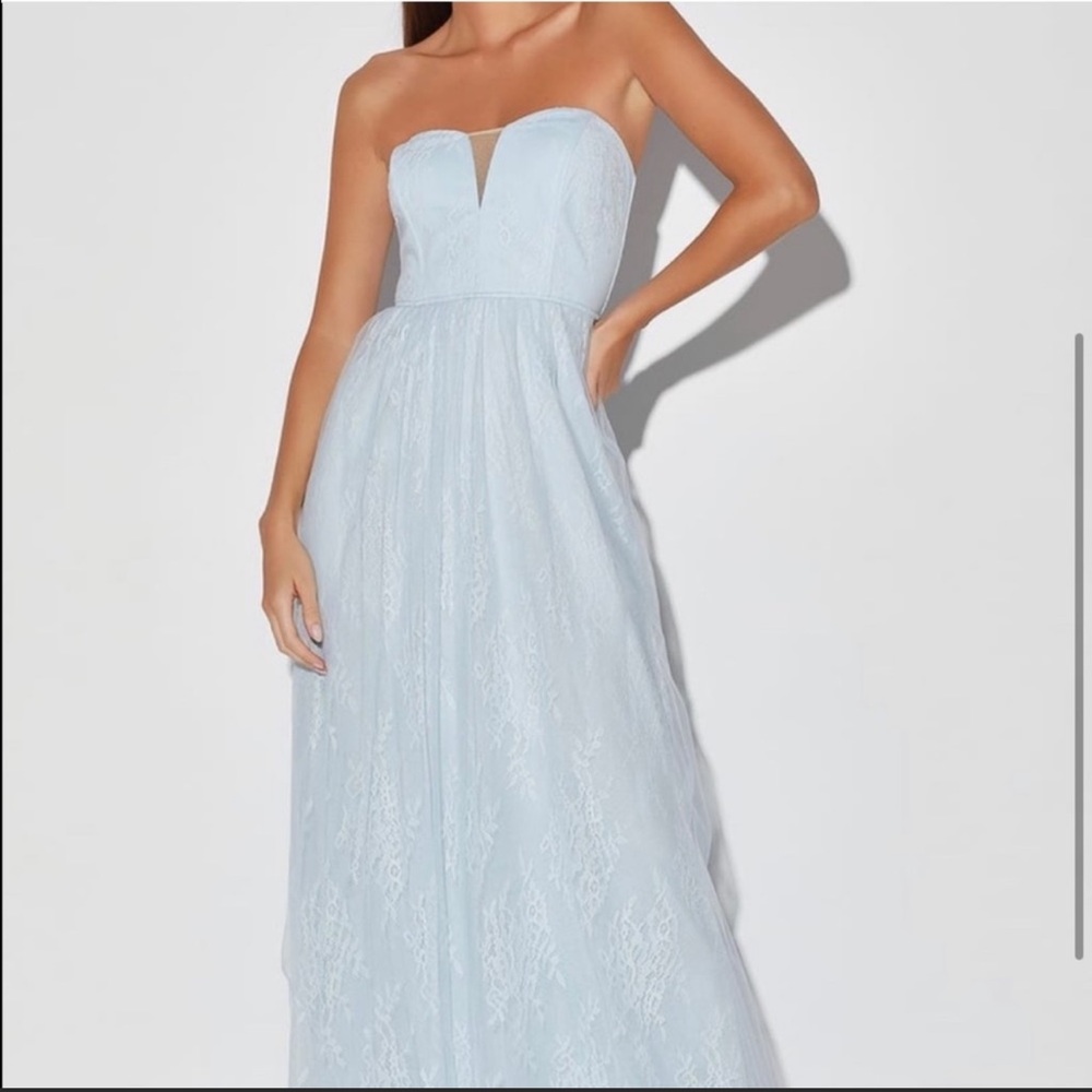 Lulu’s Baby Blue Lace Tulle Gown Strapless Maxi Dress Size XL